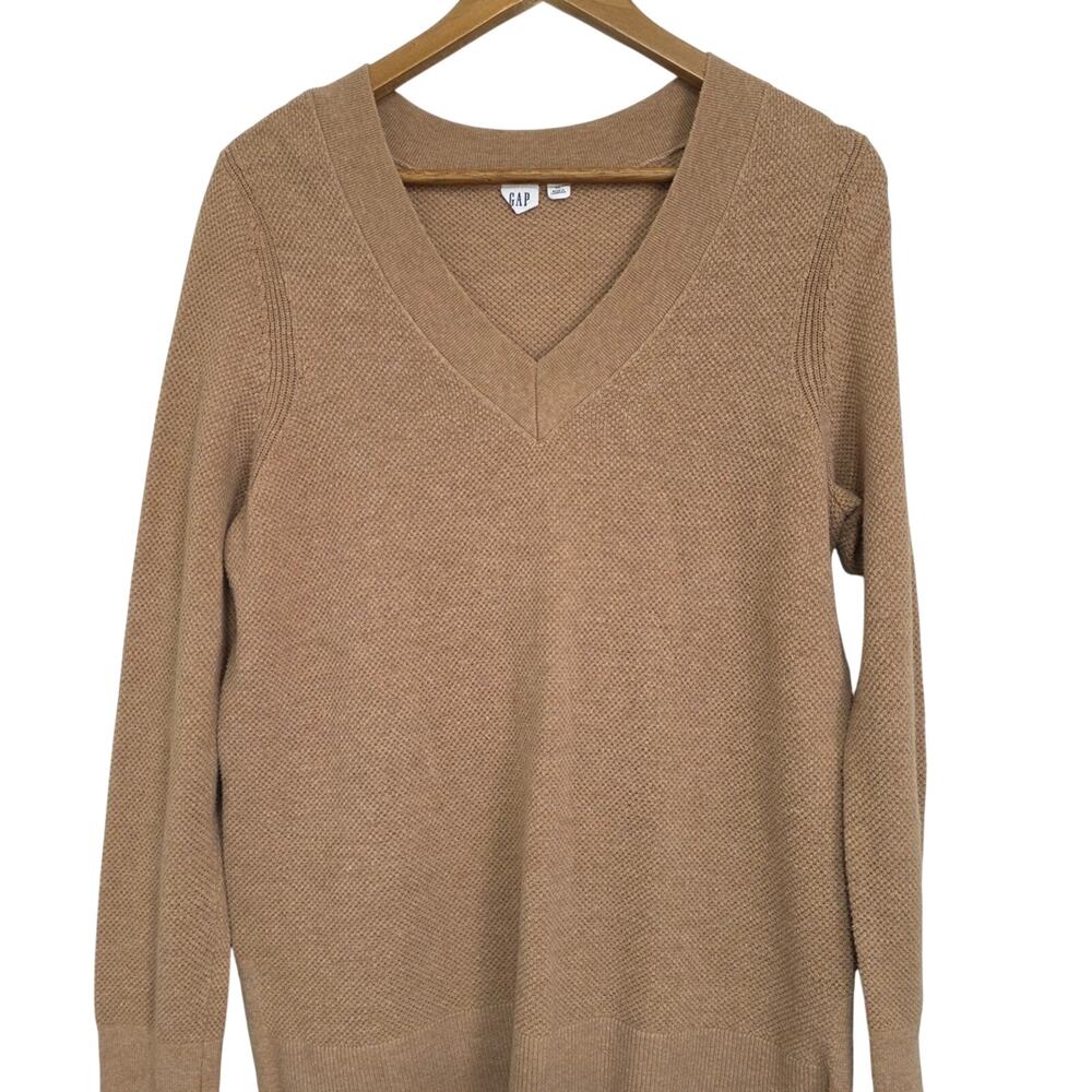 GAP Womens Sz XL Camel Tan Classic Preppy Y2K Knit V-Neck Tunic Pullover Sweater
